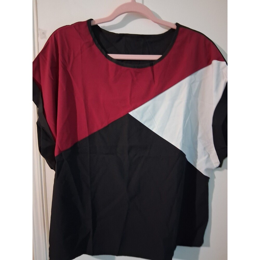 SHEIN CURVE 0XL Black/Red/White Colorblock Short Sleeve Round Neck Top